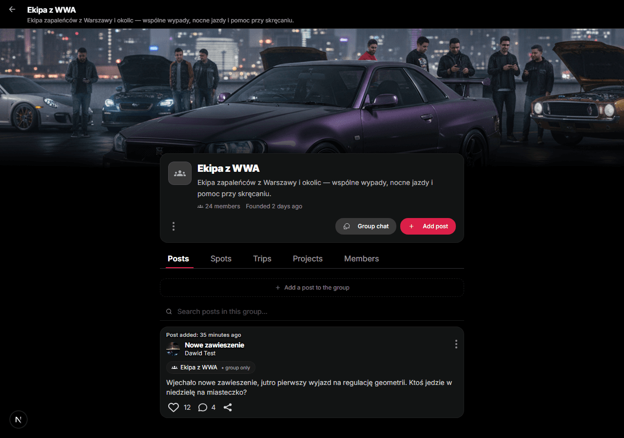Vorschau einer Gruppenansicht in der Automotive Place App: Gruppen-Coverfoto und Posts der Mitglieder