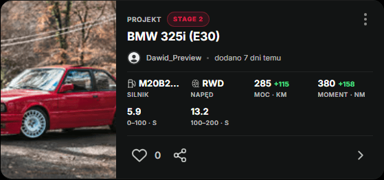 Podgląd karty projektu w aplikacji Automotive Place: BMW 325i (E30)