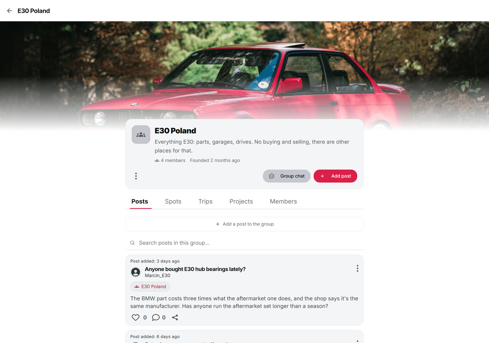 Vorschau einer Gruppenansicht in der Automotive Place App: Gruppen-Coverfoto und Posts der Mitglieder