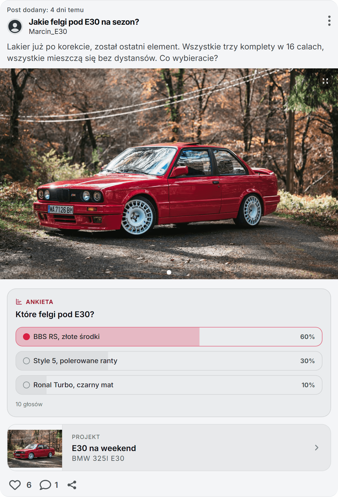 Post z ankietą i podpiętym projektem